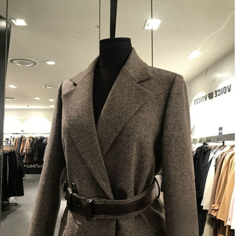 Áo Khoác Blazer Len Eo Cao Buộc Dây Họa Tiết Xương Cá Phong Cách Hàn Quốc Thời Trang Thu Đông 2022 Mới