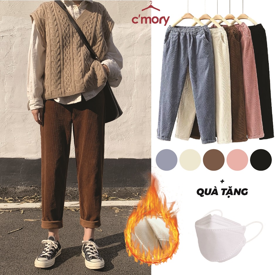 Quần baggy nhung tăm lót lông cạp chun lưng cao phong cách Hàn Quốc siêu tôn dáng Cmory Q02