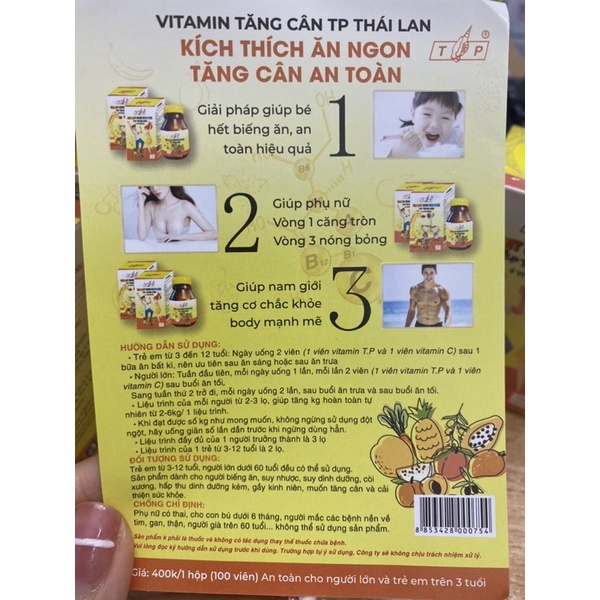 Combo 2 hộp VItamin tăng cân TP Thái Lan chính hãng-hộp 100 viên
