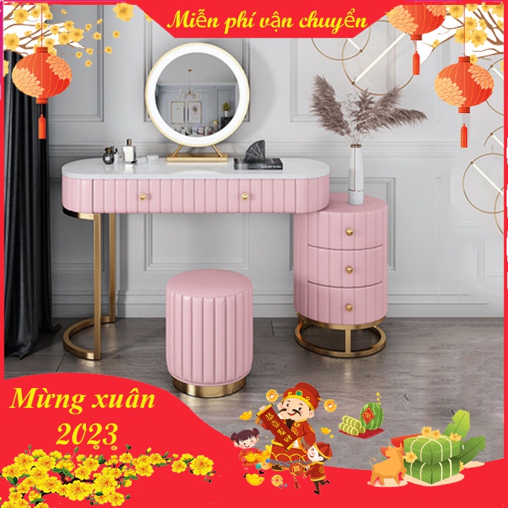 Bàn phấn trang điển Hàn Quốc Funhouse có ngăn kéo bọc nỉ mặt đá đèn led cao cấp - A17b