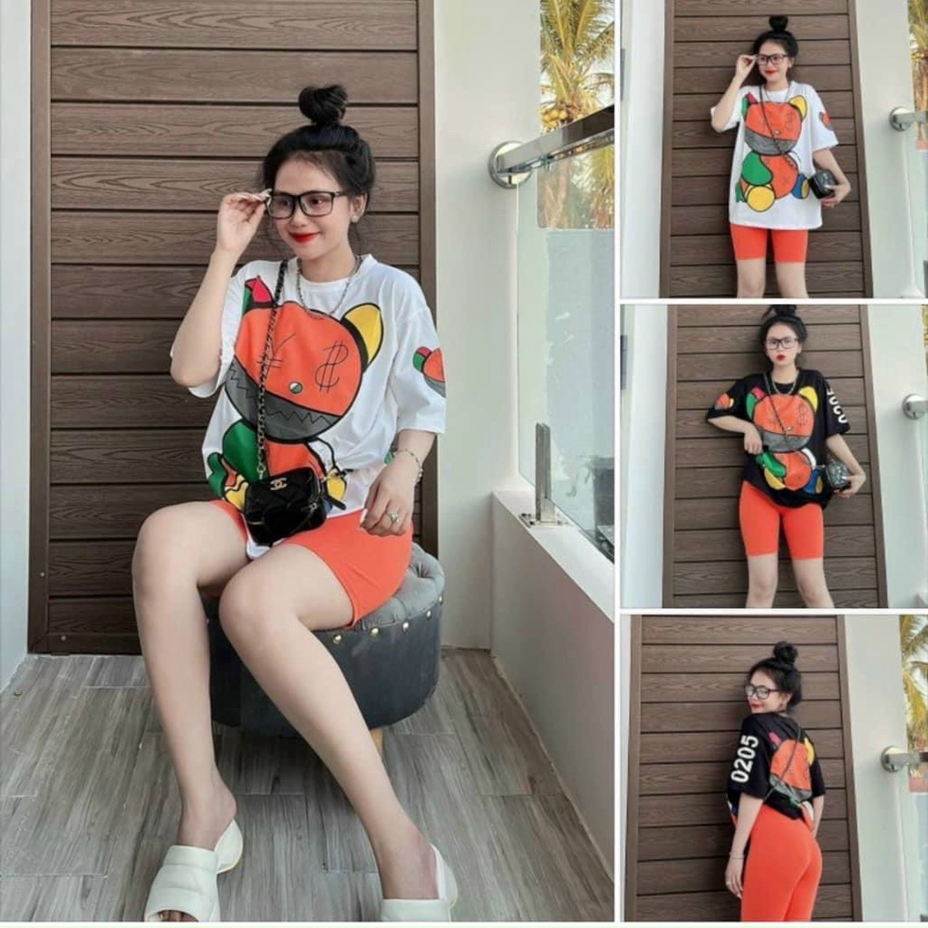 Set thun lững tici co giản in gấu bông nhiều màu dễ thương - đồ bộ thun ngố, quần ôm màu cam có ảnh thật chất vải