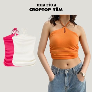 Áo croptop yếm dây mảnh nhún eo trơn Mia Ritta A2046 ảnh thật