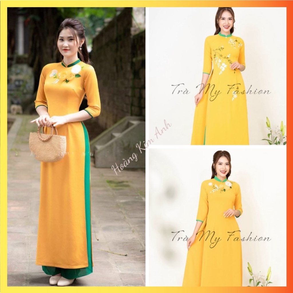ÁO DÀI LỤA TÂY THI THÊU HOA TRUYỀN THỐNG CÁCH ĐIỆU KÈM QUẦN HÀNG LOẠI 1 MAY SẴN NHIỀU MẪU CÁCH TÂN MÀU VÀNG