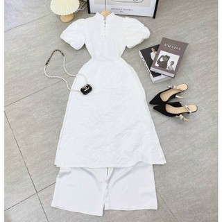 Set Áo Dài Trắng Xốp Dập Và Quần Lụa
