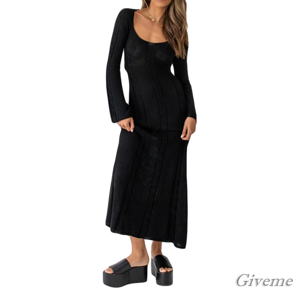 Áo Liền Quần Nữ Tay Dài Cổ Chữ U Hở Lưng Màu Trơn Thời Trang