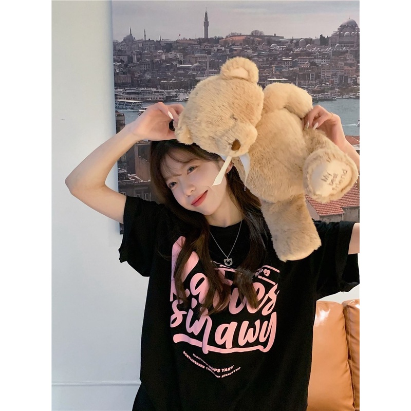 Áo Thun Ngắn Tay Dáng Rộng In Chữ Thời Trang Mùa Hè Hàn Quốc