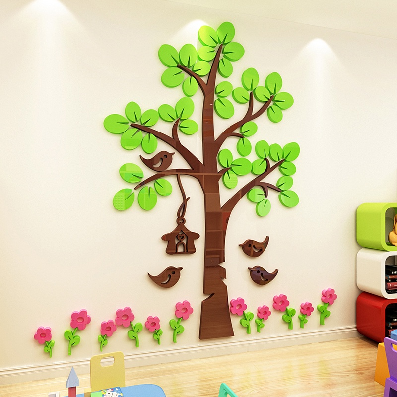 Lá xanh hoạt hình cây mica tranh phòng trẻ em lớp học mẫu giáo trang trí bức tranh tường