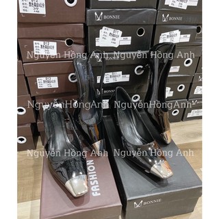 giày cao gót đen mũi bạc (guốc gót nhọn) da bóng (FULL HỘP) cho nữ