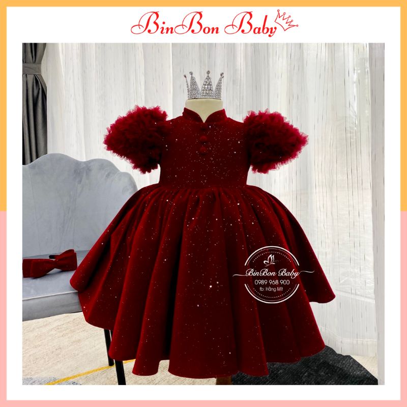 Váy công chúa cho bé BinBon Baby,đầm công chúa tay bồng nhung nhũ cho bé gái