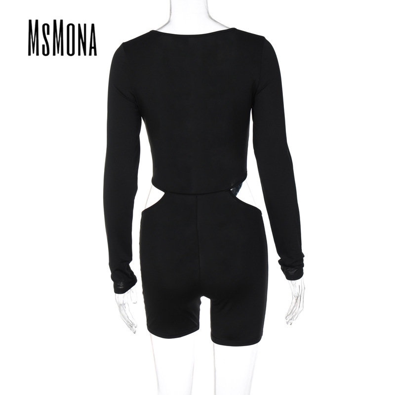 MsMona Áo Liền Quần Tay Dài Cổ Chữ U Màu Đen Trơn Thời Trang 2022 Quyến Rũ Cho Nữ