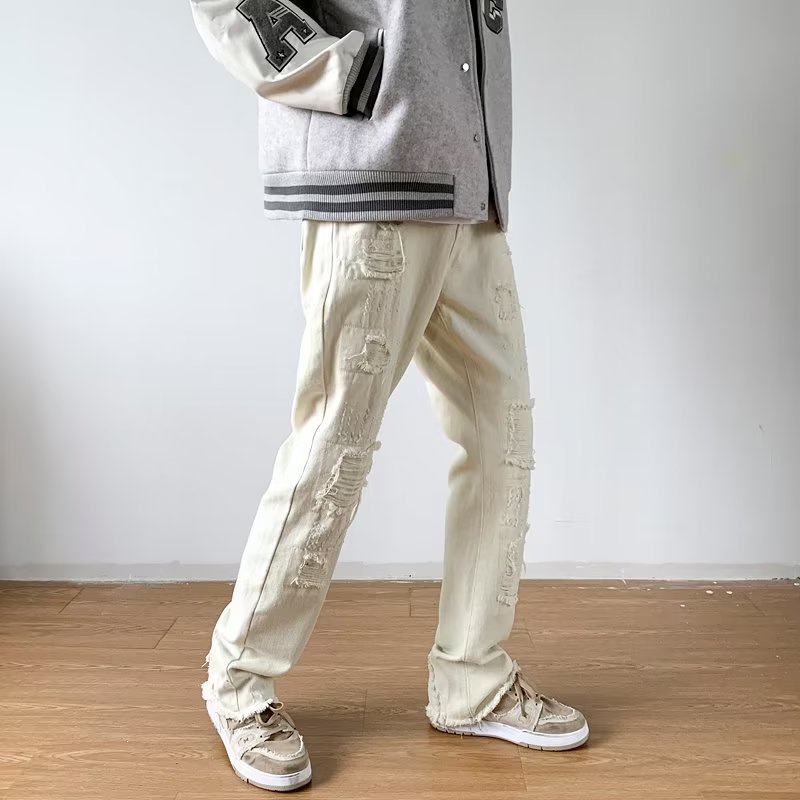 Quần jean ống suông Phối Rách Thời Trang Đường Phố Cá Tính Cho Nam