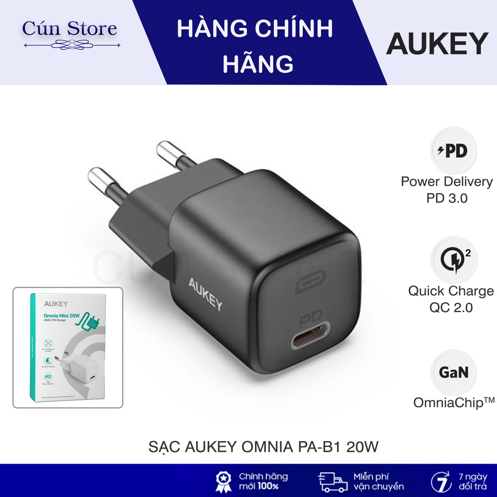 Cốc sạc nhanh 20W Omnia Aukey PA-B1 hỗ trợ PD/QC cho IP chính hãng | Bảo hành 12 tháng