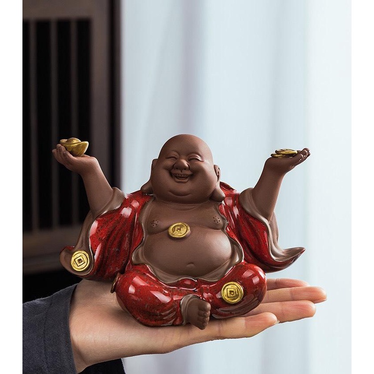 Tượng Di Lặc hoan hỉ tài lộc cỡ nhỏ cao cấp sắc nét men hỏa biến- Tượng Di Lặc gốm tử sa trang trí bàn trà, quà tặng