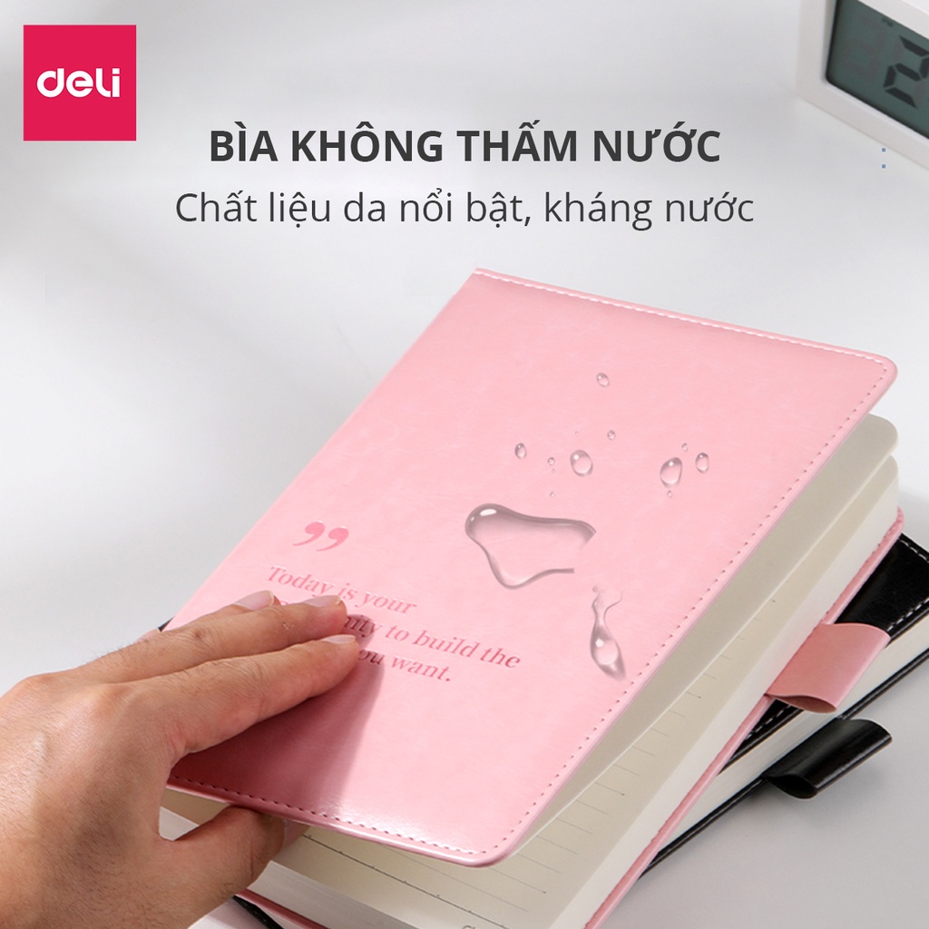 Sổ Tay Ghi Chép A5 Bìa Da Deli - Màu Đen/Hồng/Xanh, 300 trang, 80/100gsm, Chống Nước Dành Cho Học Sinh, Văn Phòng