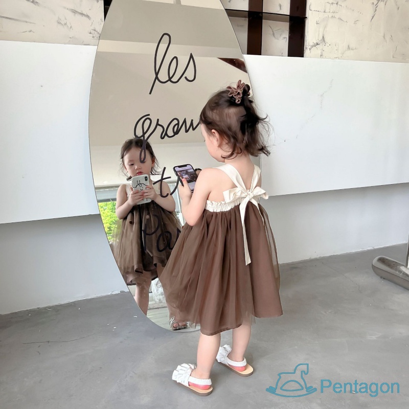 Đầm Lưới Công Chúa Hai Dây Thắt Nơ Lưng Màu Trơn Thời Trang Mùa Hè Cho Bé Gái