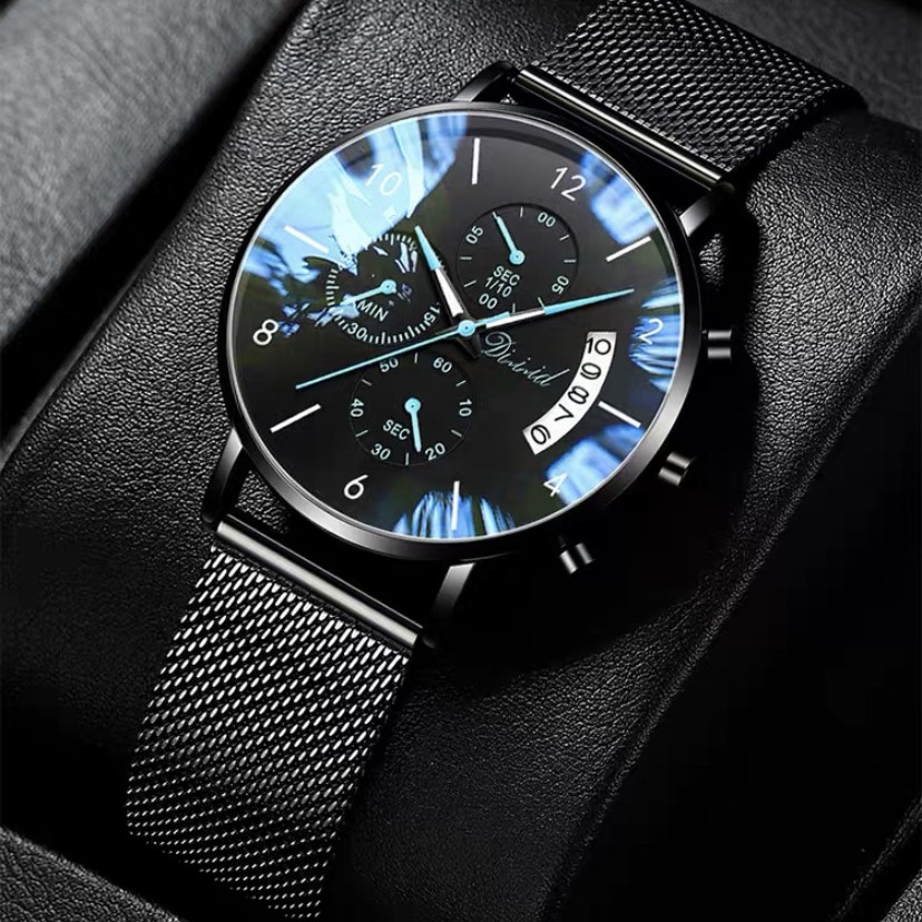 Đồng hồ nam chính hãng DIZIZID dây thép lụa đen chạy full kim và lịch ngày - Phong cách nam tính và thời thượng DZ6K6