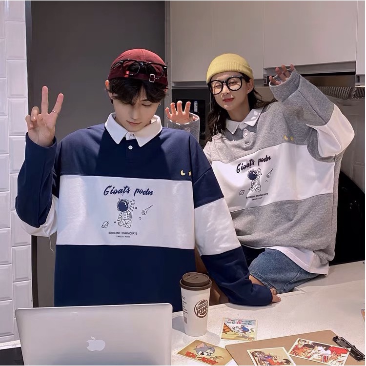 Áo sweater polo unisex - rew2021 - Áo đôi in hình Nasa tay dài form rộng chất vải cotton 2 màu xanh, ghi năng động
