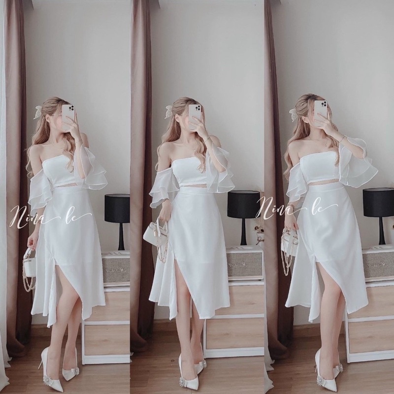 Sét áo và chân váy nữ áo cúp ngực trễ vai bèo kèm chân váy xẻ dễ thương VIP25