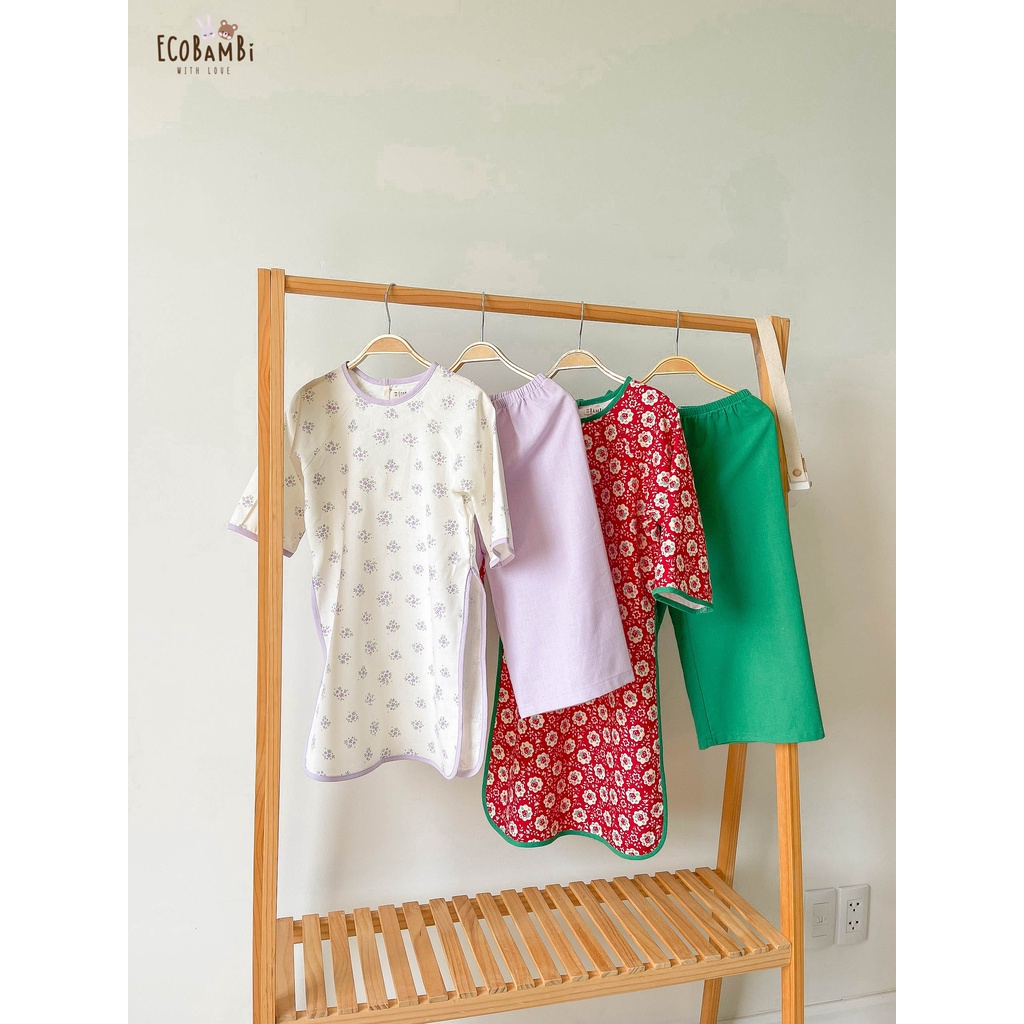 Set áo dài Tết cách tân, thiết kế với phong cách Vintage cho bé gái chất liệu linen cao cấp in hoa Ecobambi