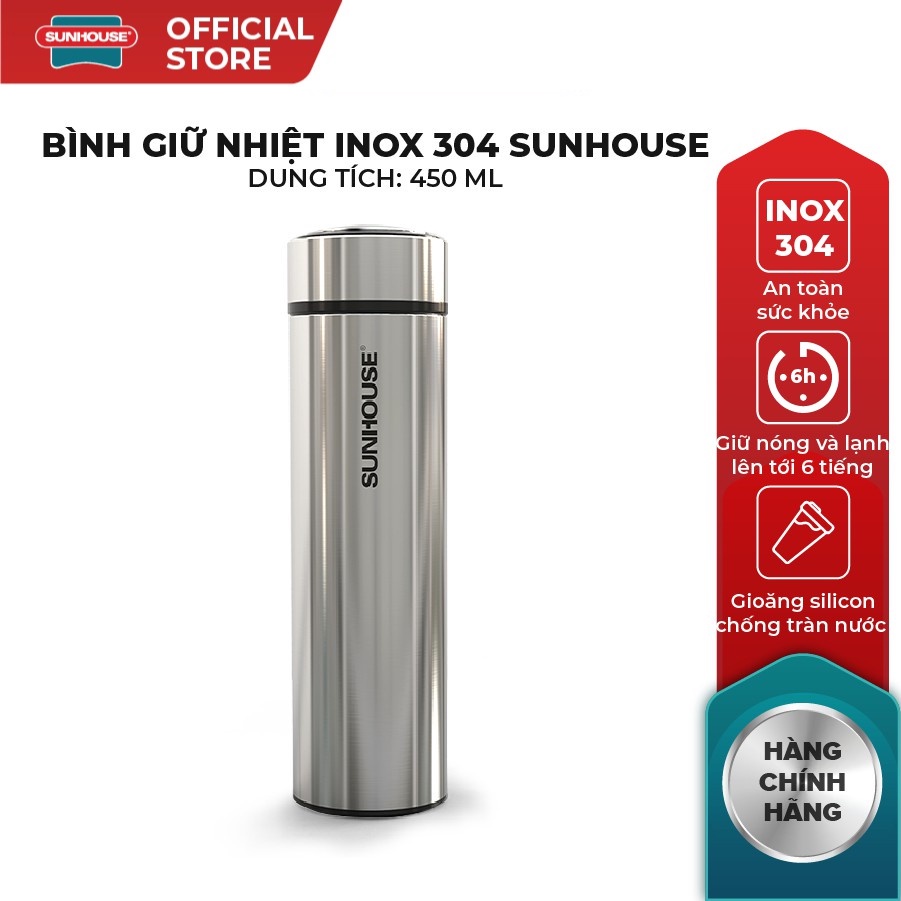 Bình giữ nhiệt Inox 304 Sunhouse 450ml KS-TU450I , GIỮ NÓNG 6h , GIỮ LẠNH 12h