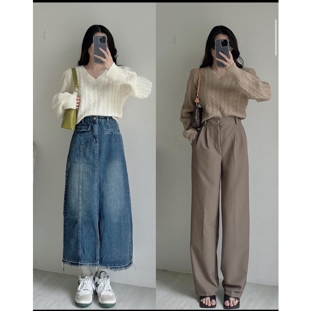 [NEW]ÁO LEN THỪNG CROPTOP CỔ V CÓ ĐỆM VAI 7611