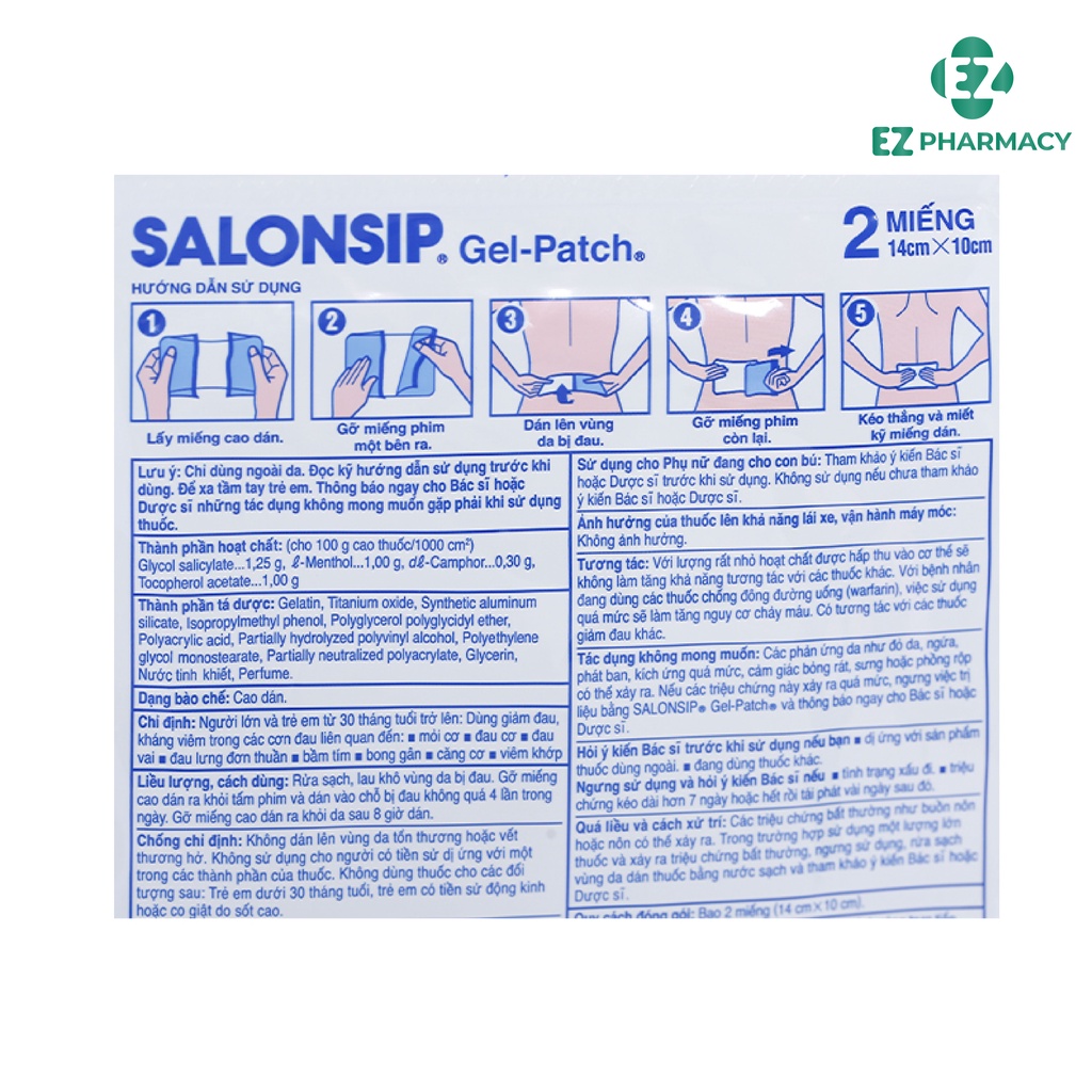 Cao dán Salonsip Gel Patch hỗ trợ giảm đau Túi 2 miếng - EZ Pharmacy
