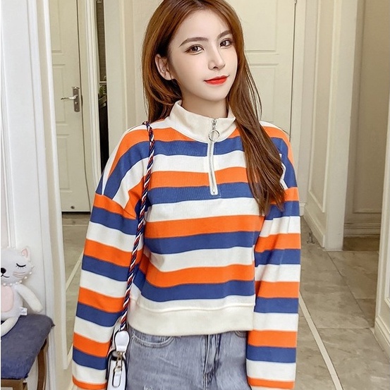 Áo len ZHELIHANGFEI tay dài cổ đứng họa tiết kẻ sọc thời trang dễ thương cho nữ