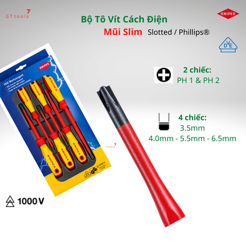 Bộ Tô Vít Knipex 00 20 12 V02 Mũi Slim Gồm 6 Chiếc Cách Điện VDE 1000 Volt Mũi Slotted / Phillips® G7tools Hà Nội