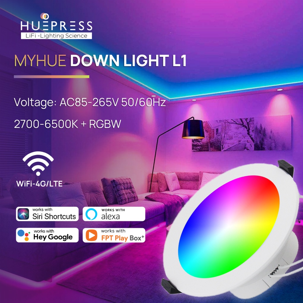 Đèn led âm trần HuePress downlight thông minh 10W RGBCW 220V WiFi/4G - 16 triệu màu, nháy theo nhạc