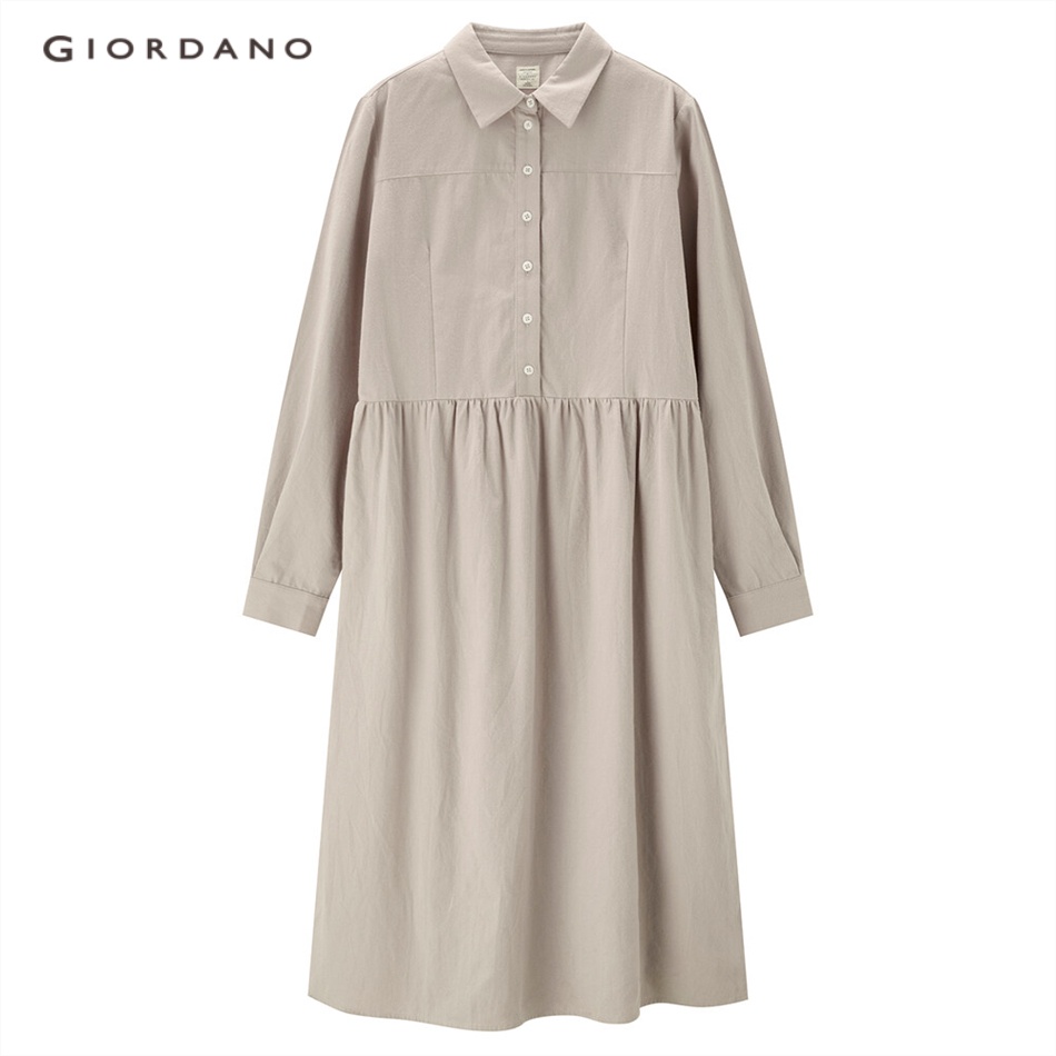 Đầm sơ mi GIORDANO 05462680 flannel cotton màu trơn cho nữ