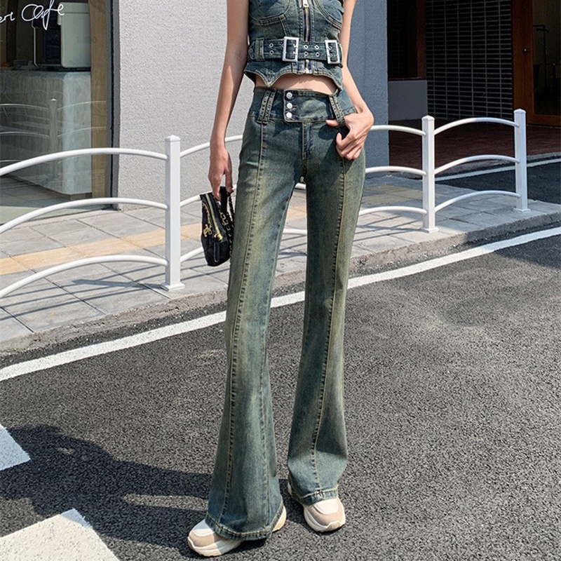 IELGY Quần denim Dài Co Giãn Màu Xanh Dương Phong Cách retro Dễ Phối Đồ Cho Nữ