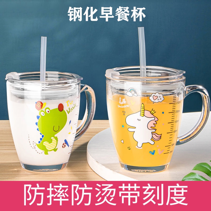 Cốc Uống Sữa Bằng Thủy Tinh Có Nắp Và Ống Hút Họa Tiết Hoạt Hình Dễ Thương Có Thể Dùng Trong Lò Vi Só