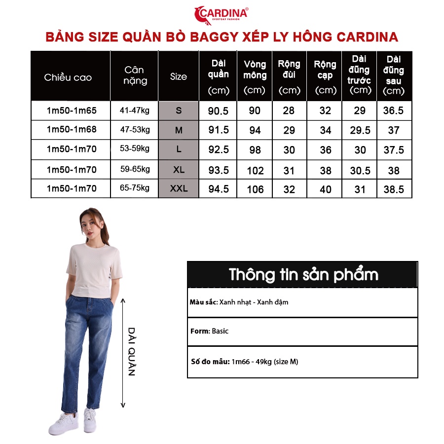 Quần Jeans Nữ 𝐂𝐀𝐑𝐃𝐈𝐍𝐀 Cao Cấp Dáng Baggy Cài Khuy Có Khóa Kéo Dễ Mix Đồ 2Q12 (Không Kèm Áo)