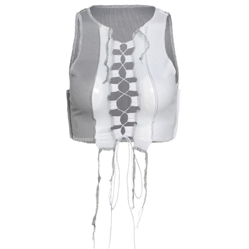 Xiangbao Áo Croptop Dệt Kim Sát Nách Phối Lưới Màu Khối Ôm Dáng Phối Dây Cột Rỗng Gợi Cảm Cho Nữ