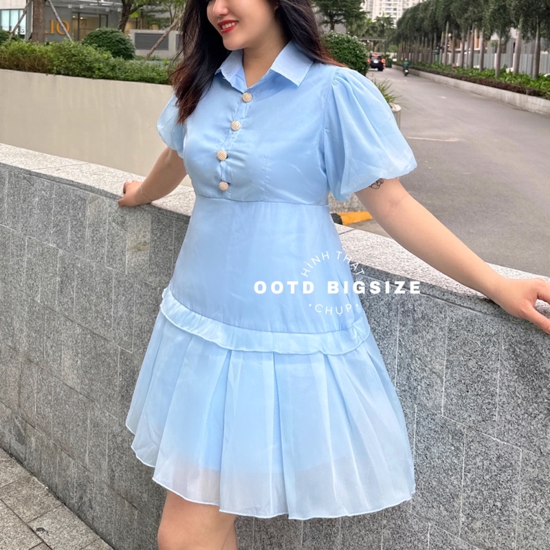 Đầm bigsize tay bồng đuôi cá nút vàng (OOTD BIGSIZE 60-90KG)