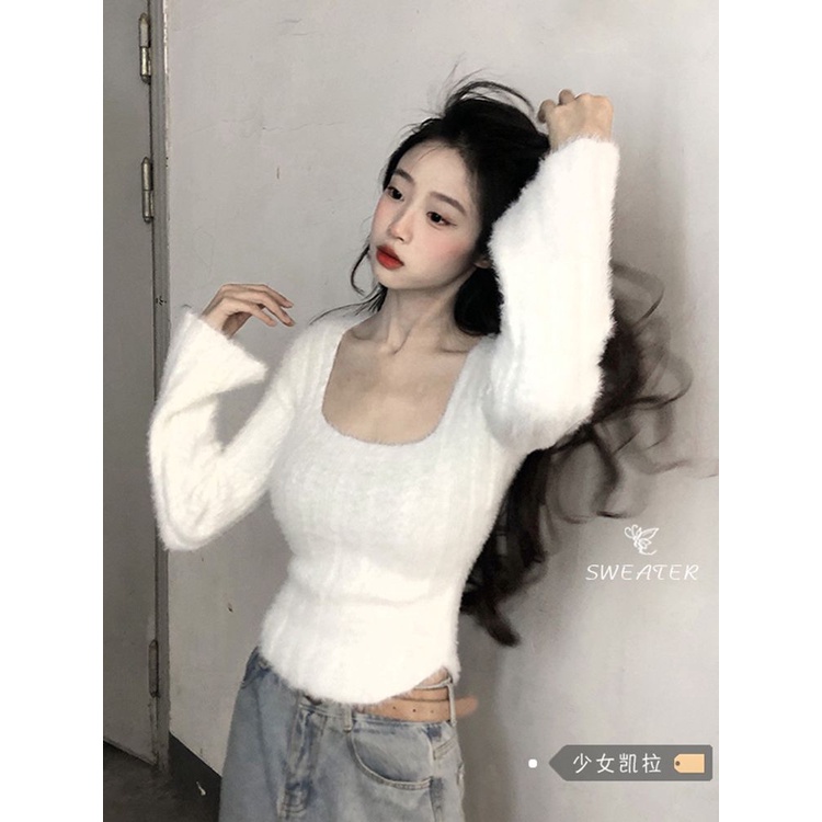 Áo Sweater Nhung Dệt Kim Tay Dài Cổ Vuông Thời Trang Mùa Thu Cho Nữ