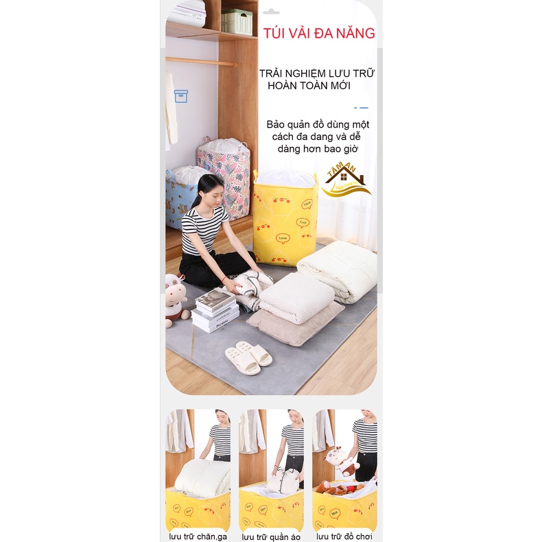 Túi đựng quần áo chăn màn vải canvas không thấm nước, giỏ đựng đồ đa năng, Túi vải có dây rút ,họa tiết vintage