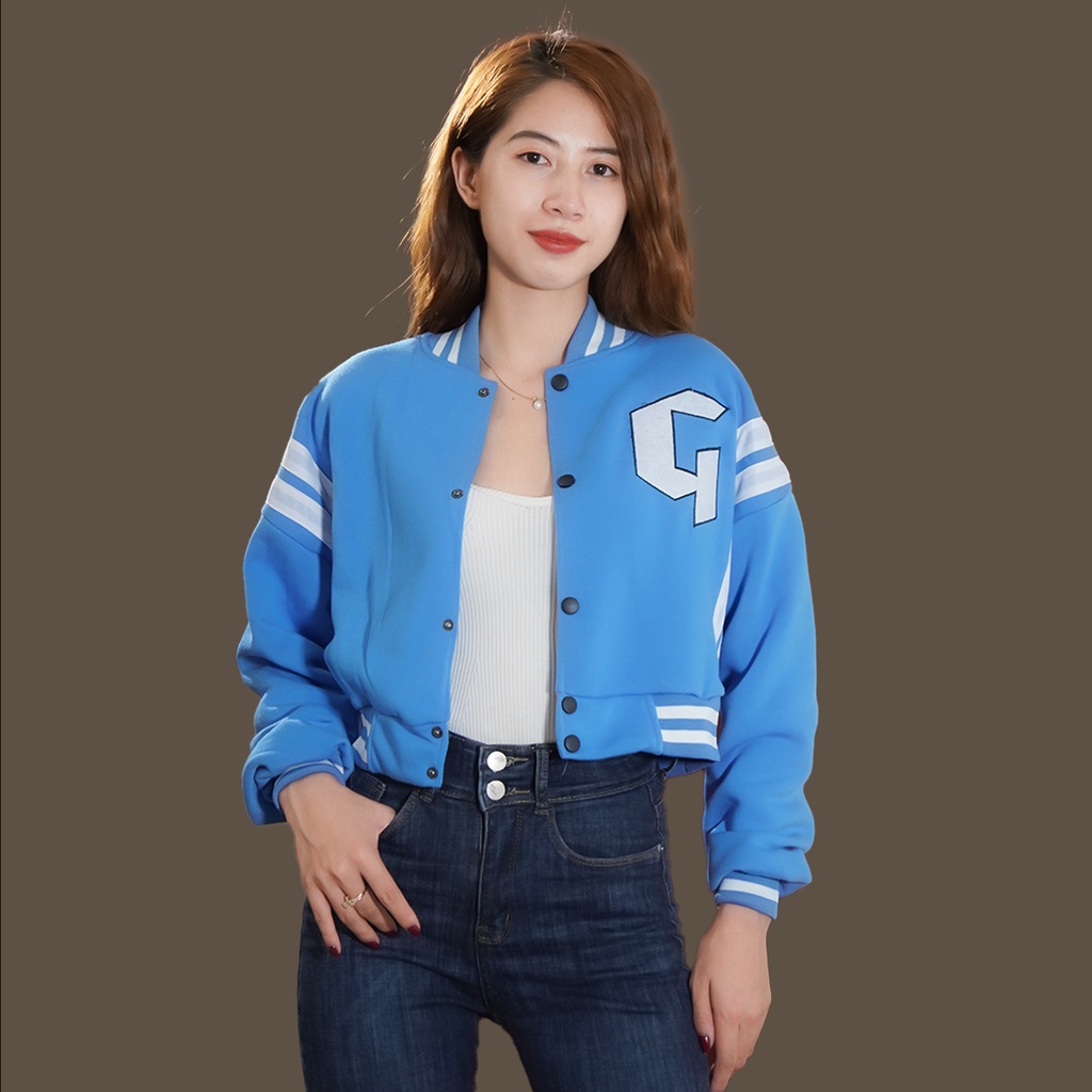 Áo khoác bomber croptop nữ dáng lửng thêu G uniex ulzzang phom rộng bấm cúc sexy hàn quốc 4YOUNG BB311