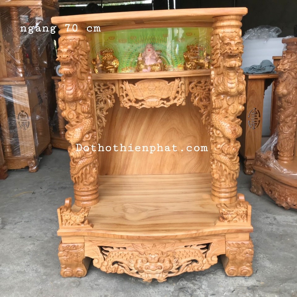 Bàn thờ thần tài ông địa 70x107 gỗ gõ đỏ rồng phun lửa cột 14 cm VIP