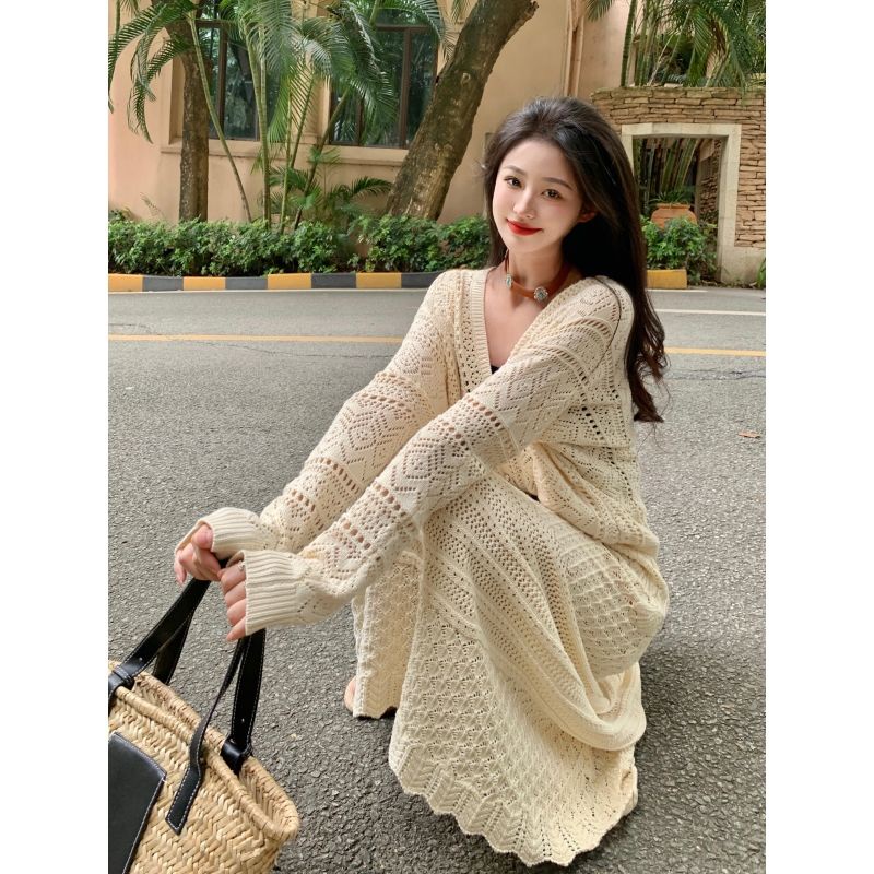 Kumikumi Áo Khoác Cardigan Dệt Kim Rỗng Dáng Dài Eo Cao Thời Trang Mùa Thu Dành Cho Bạn Nữ