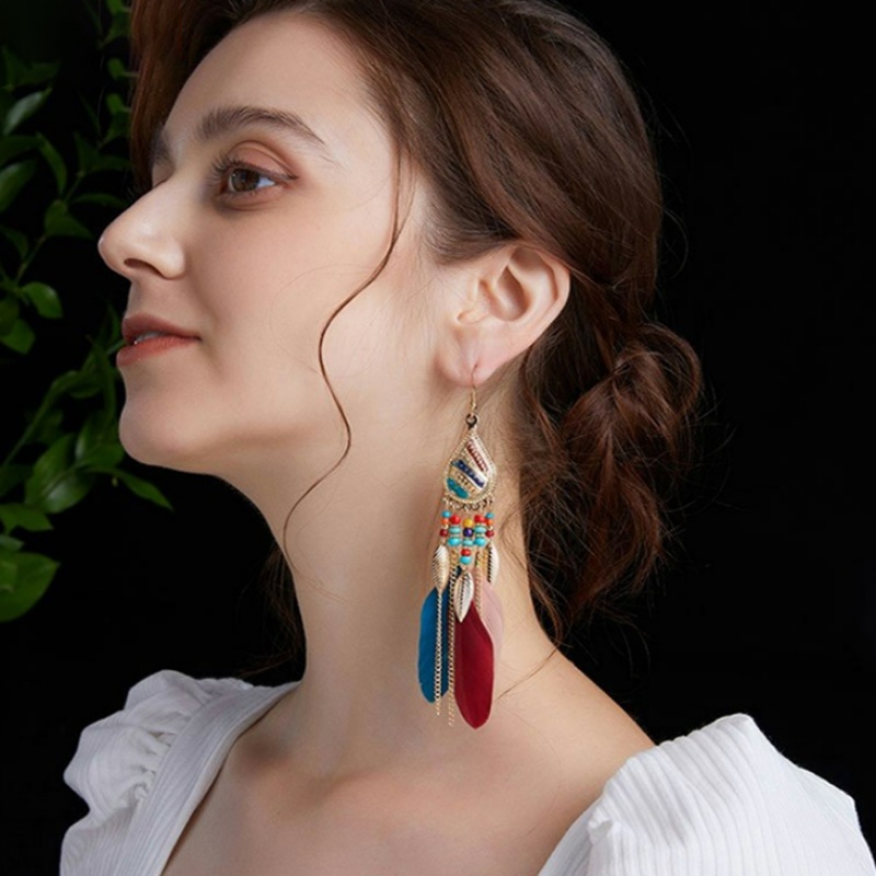 Bông Tai Dáng Dài Phối Lông Vũ Phong Cách Bohemian Thời Trang Cho Nữ