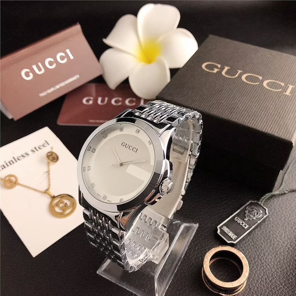 Đồng Hồ Đeo Tay Gucci Mặt Tròn Dây Da Phối Thép Không Gỉ Thời Trang Cho Cặp Đôi