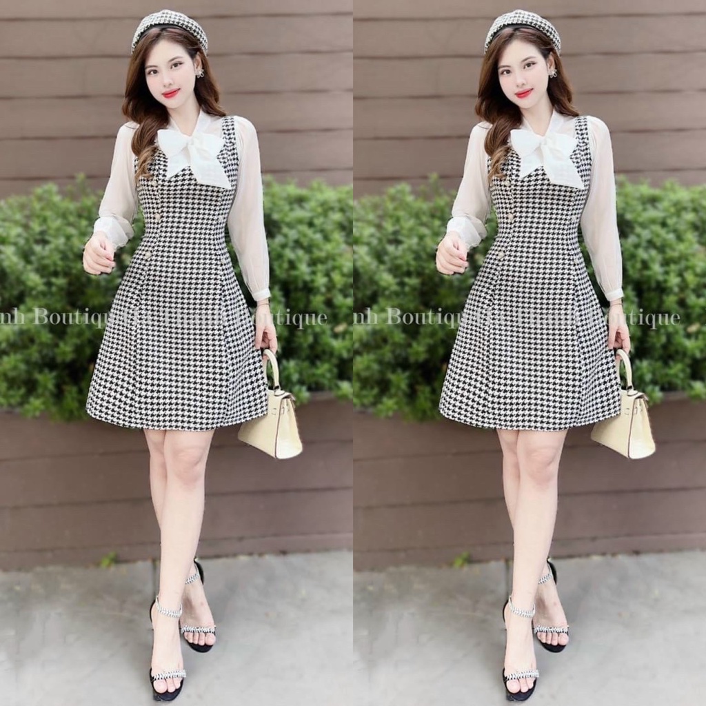 Váy đầm nữ thanh lịch áo tay voan phối nơ cực xinh họa tiết dáng xòe kẻ karo đính nút quý phái dự tiệc