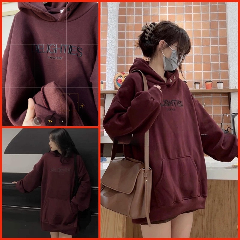 Áo hoodie phối khuy đỏ thêu Delighties Unisex [FREESHIP] Nỉ ngoại form rộng tay phồng kiểu dáng vintage Hàn Quốc