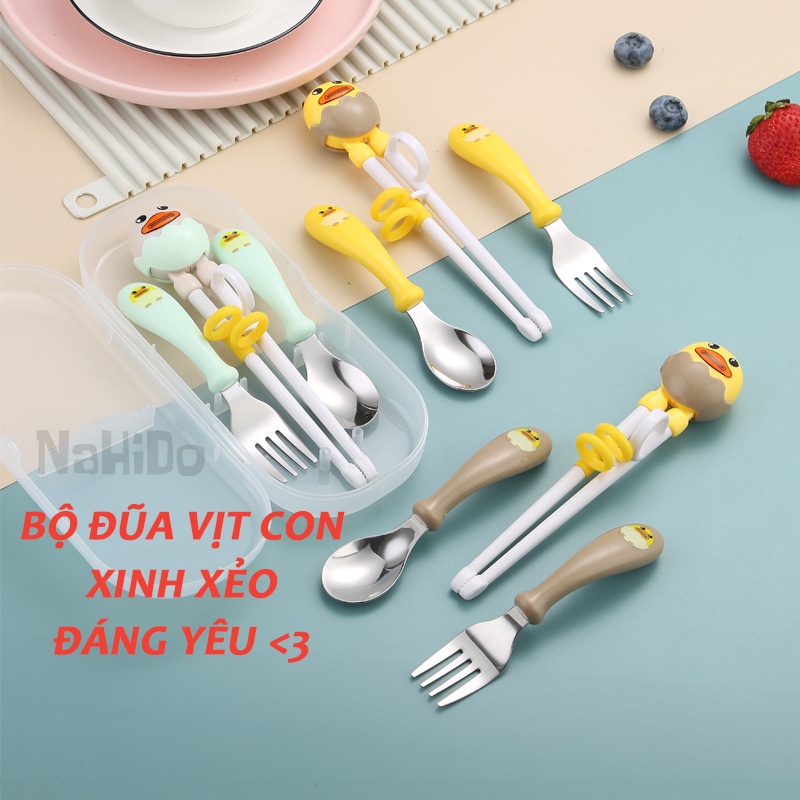 Bộ Thìa Dĩa Đũa Tập Ăn An Toàn Cho Bé Bằng Inox 304,Thìa Ăn Dặm Tập Xúc, Đũa Xỏ Ngón Tập Gắp Cho Trẻ Em