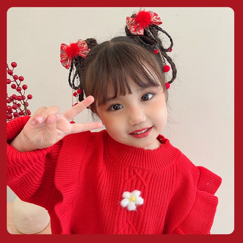 Kẹp Tóc Tua Rua Ruy Băng Màu Đỏ Phong Cách Trung Hoa Mừng Năm Mới Cho Bé Gái