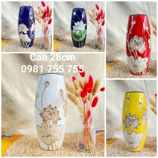 Lọ hoa Vẽ Sen Nổi Gốm Sứ Bát Tràng_Bình bông cao 28cm_Trang trí decor cao cấp