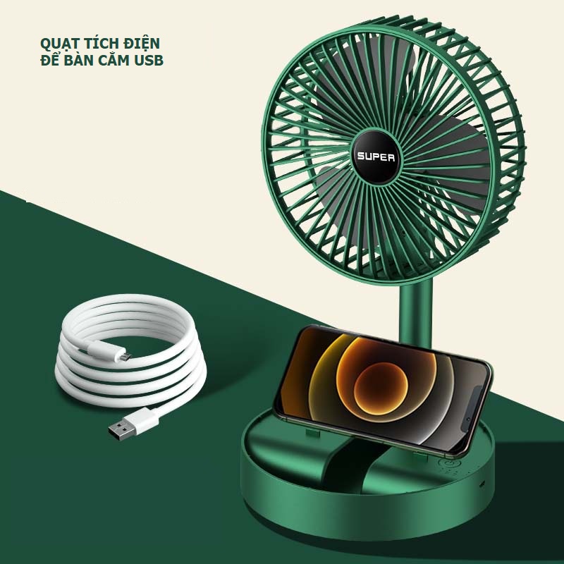 Quạt Super Tích Điện Để Bàn Mini Gấp Gọn Cáp Sạc USB 3 Cấp Độ Gió Siêu Bền