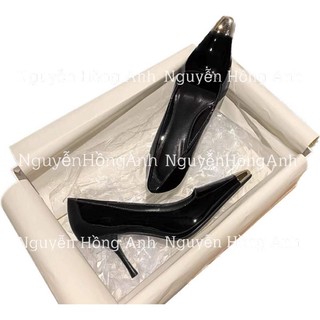 giày cao gót đen mũi bạc (guốc gót nhọn) da bóng (FULL HỘP) cho nữ