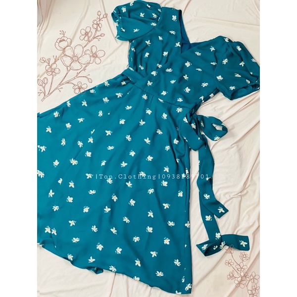 Đầm nữ Ton.Clothing đầm vintage đắp vạt chéo vải mịn mát xanh hoa nhí thiết kế tay ngắn dễ thương xinh xắn DRI012